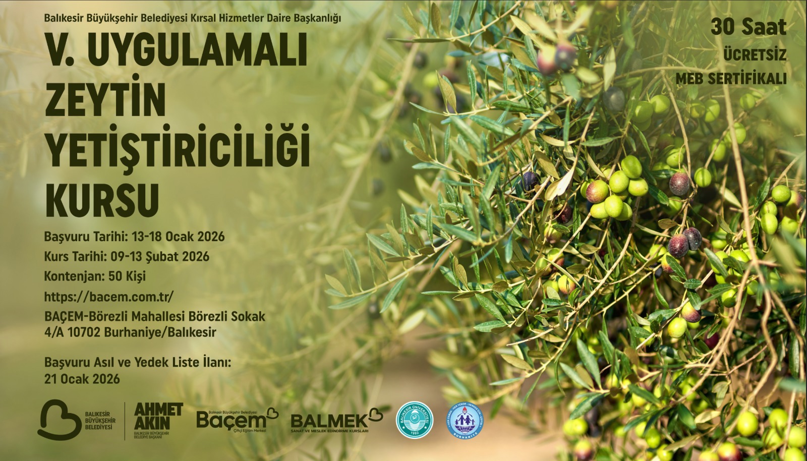 BAÇEM V. Uygulamalı Zeytin Yetiştiriciliği Kursu Başvuru Sonuçları Açıklandı